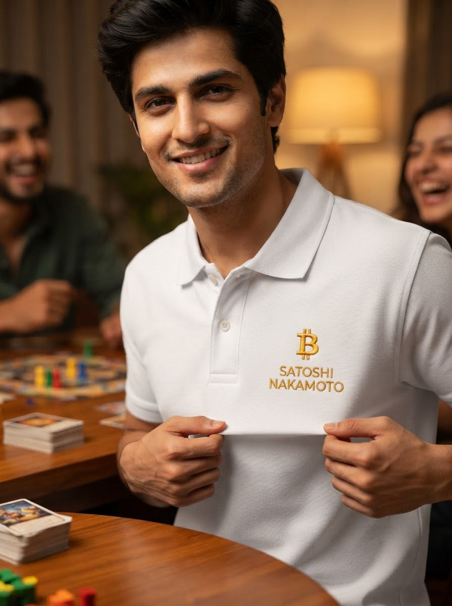 Bitcoin × Satoshi Nakamoto Golden Embroidery Polo | White