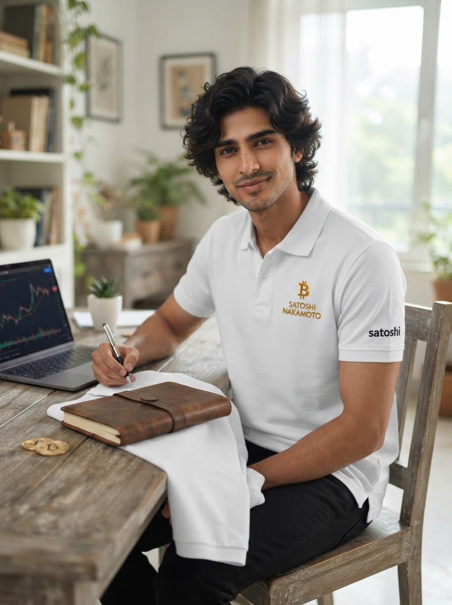 Bitcoin × Satoshi Nakamoto Golden Embroidery Polo | White