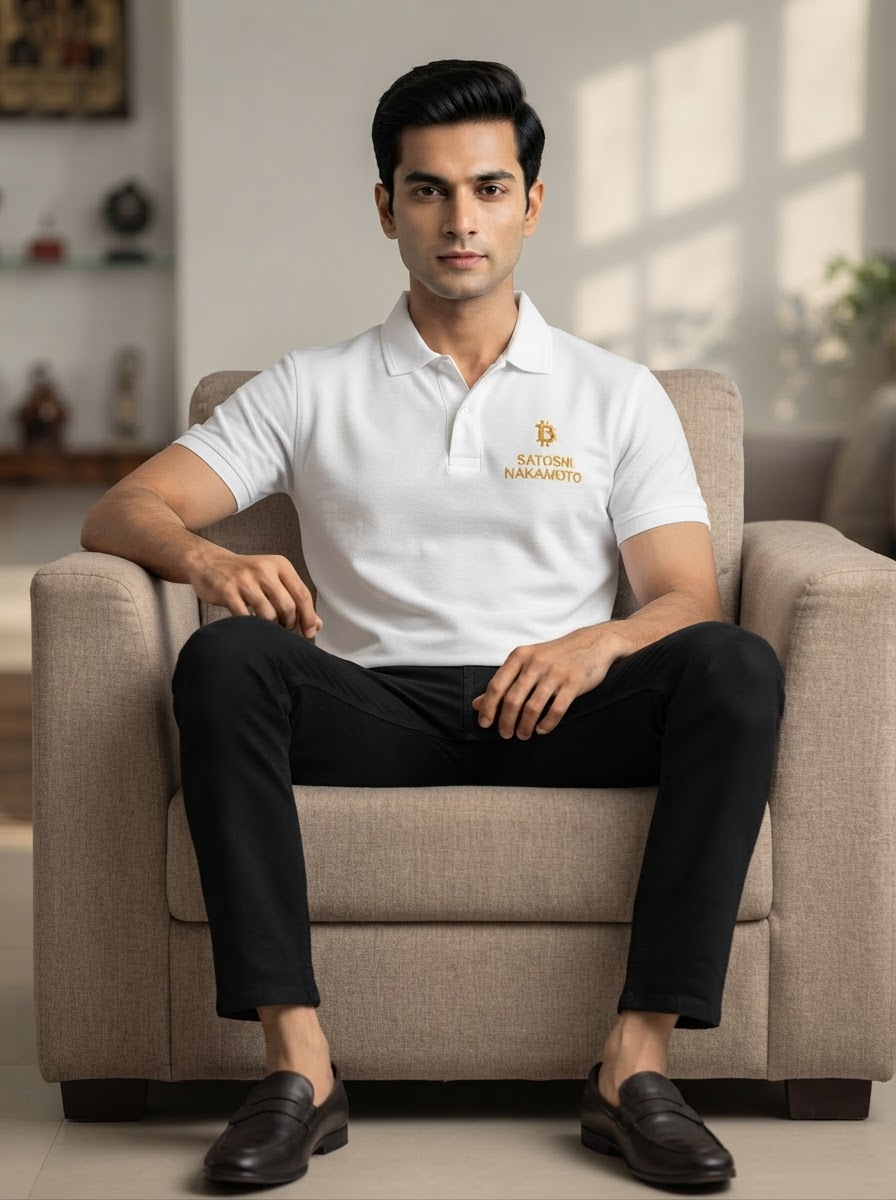 Bitcoin × Satoshi Nakamoto Golden Embroidery Polo | White