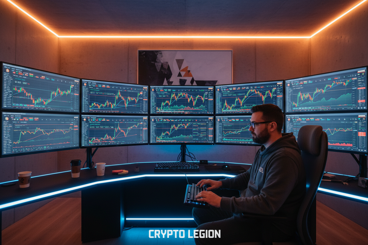 Crypto trader at trading desk with multiple monitors
